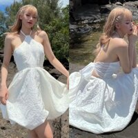 [HÀNG ĐẸP] Đầm Trắng Xốp Cổ Yếm Nơ Lưng Sẵn Mút Ngực