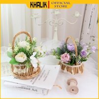 [Hàng đẹp] Hoa giả trang trí Decor KHALIK - HOA MẪU ĐƠN GIỎ MÂY - HF017