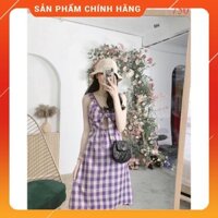 [Hàng Đẹp] [Kho Áo Thun] 🍄 Váy caro tím 2 dây nơ ngực 🍄