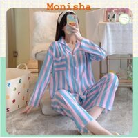 [Hàng đẹp taobao] Bộ ngủ pijama dài tay nữ họa tiết kẻ sọc , Bộ mặc nhà ngủ nữ đẹp lụa sữa mùa đông DN03