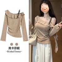 Hàng dệt kim dài tay chéo không đều cổ điển có eo và cạnh tai bằng gỗ đế vai trần