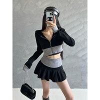 [Hàng giao ngay] Áo len thể thao phong cách hot girl Mỹ, váy ngắn, áo len ngắn có mũ và khóa kéo, váy ngắn xếp ly eo thấp, bộ hai mảnh sexy màu sắc tương phản