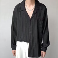 [Hàng giao ngay] Áo sơ mi cổ Cuba xếp nếp cao cấp phong cách Hàn Quốc Áo sơ mi sọc dài tay sọc đa năng văn học trung tính thanh niên áo khoác dài tay màu trơn phổ biến dành cho tôi