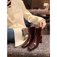 [HÀNG HÃNG CAO CẤP]Boot nữ da bóng 6 cm studiolee mũi vuông gót vuông khóa kéo đế chống trơn trượt thời trang thu đông