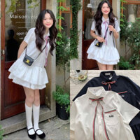 (HÀNG L1 SẴN) Váy sơ mi nữ ngắn tay thiết kế SALLY với hai tầng váy xòe bồng cùng lớp ren hoa nhí ERA DRESS