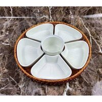 (Hàng loại 1) Bộ bát đĩa hoa mai kèm khay mây decor siêu sang