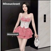 {HÀNG LOẠI 1} Set áo 2 dây kèm yếm phối chân váy tầng kẻ caro set kẻ set đi biển set 2 dây trẻ trung set yếm, sẵ....