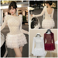 (Hàng may loại 1) Đầm váy đi tiệc ren tay dài ôm body phối chân bèo xoè tầng đính hoa vai quyến rũ đỏ trắng