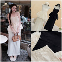 (hàng may loại 1) Set áo 2s dáng peplum bồng bềnh phối chân váy suông dài xẻ tà 2 màu kem, đen basic, sang trọng,m
