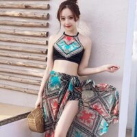 Hàng mới Bộ Đồ Bơi 3 Chi Tiết Họa Tiết Thổ Cẩm - Set Áo Tắm Đi Biển Nữ Kèm Khăn Tắm Siêu Đẹp