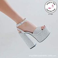 [HÀNG MỚI] Giày cao gót 15cm đế dày quai hở mũi gắn đá vàng bạc quai hậu cấp  sự kiện catwalk C1123