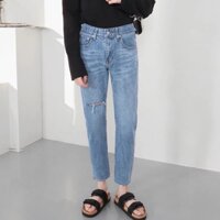 HÀNG MỚI Quần Jean Skinny Nam Xanh Đậm Co Dãn Rách 1 Bên Đùi Phải From Dáng UNISEX Hàn Quốc
