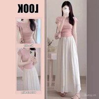 [Hàng mới, vận chuyển nhanh] Bộ áo ngắn tay và chân váy màu hồng phong cách Chanel cho phụ nữ, thanh lịch và trưởng thành I3SE