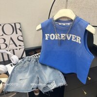 Hàng Mới Về Bộ Áo Sát Nách Phối Quần Short Denim Kiểu Hàn Quốc Thời Trang 2024 Cho Bé Trai