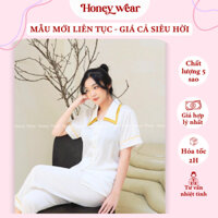 [HÀNG MỚI VỀ] Bộ Ngủ Nữ Lụa Ngắn Tay, Pijama Mặc Nhà Màu Trắng Viền Vàng Honey Wear Đồ Mặc Nhà Nữ Cao Cấp Mềm Mịn P117