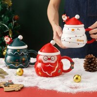 Hàng mới về - Ly sứ giáng sinh nắp hình nón Noel 480ml, Cốc sứ quai nơ người tuyết,ly sứ họa tiết ông già Noel,cây thông