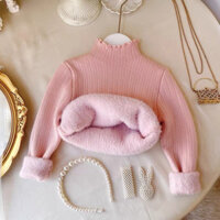 [Hàng mới về] Phiên bản Hàn Quốc Quần áo trẻ em Áo len bé gái Cổ lá sen cho trẻ em Phong cách mới Quần áo mùa đông Áo len lông cừu một mảnh cổ cao Lớp lót lông cừu dày