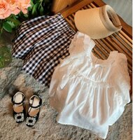 Hàng Mới Về Set Áo Sơ Mi Tay Ngắn Phối Bèo + Quần Short Màu Trắng Thời Trang Mùa Hè Cho Bé Gái