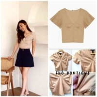 [HÀNG MỸ] Áo croptop FOREVER 21 thun cotton cổ V tay ngắn ngực dúng màu be