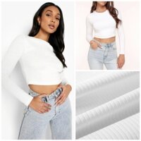 [HÀNG MỸ] Áo croptop FOREVER 21 cổ tròn tay dài ôm body thun cotton gân trắng