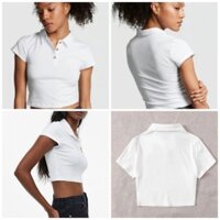 [HÀNG MỸ] Áo croptop FOREVER 21 thun cotton cổ polo tay ngắn nút giữa trắng kem