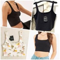 [HÀNG MỸ] Áo croptop FOREVER 21 thun cotton sát nách đen trơn, hoa trắng