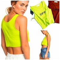 [HÀNG MỸ] Áo croptop FOREVER 21 thun cotton bozip cổ tròn sát nách xanh neon in chữ Off đen