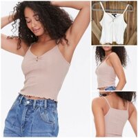 [HÀNG MỸ] Áo croptop FOREVER 21 thum cotton gân tăm cổ V dây ngực dúng nút gỗ tà viền bèo trắng