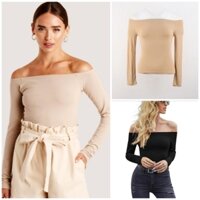 [HÀNG MỸ] Áo croptop FOREVER21 thun poly gân tăm tay dài ôm body trễ vai xỏ ngón màu beige