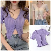 [HÀNG MỸ] Áo FOREVER 21 thun len dệt kim montoghi gân cổ V viền bèo tay ngắn ôm body tím, be