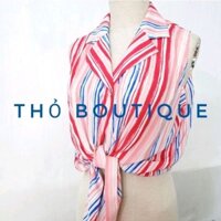 [HÀNG MỸ] Áo sơ mi FOREVER21 sát nách vạt thắt nơ sọc hồng xanh cotton