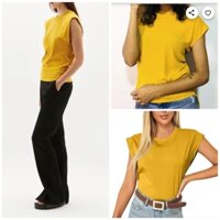 [HÀNG MỸ] Áo thun FOREVER 21 cotton gân tăm cổ tròn tay ngắn liền dúng eo vàng nghệ