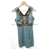 [HÀNG MỸ] Đầm body ôm RACHEL ZOE thun lạnh sát nách xanh bạc cổ V xẻ tà viền trang trí vàng sang chảnh