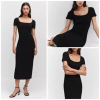 [HÀNG MỸ] Đầm midi FOREVER 21 thun bozip cotton cổ U tay ngắn ôm body màu đen