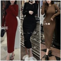 [HÀNG MỸ] Đầm midi FOREVER21 thun cotton lót nỉ bông mịn ôm body tay dài đính cúc bên cổ tròn màu đỏ đô, nâu rêu