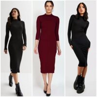 [HÀNG MỸ] Đầm midi FOREVER21 thun cotton gân tăm tay dài ôm body cổ lọ 3cm đen, đỏ đô