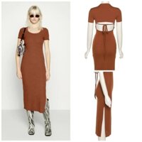 [HÀNG MỸ] Đầm midi FOREVER21 ôm body thun cotton lụa cổ tròn tay ngắn lưng hở cột dây xẻ tà nâu đất