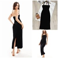[HÀNG MỸ] Đầm midi FOREVER21 ôm body yếm ngực ngang xẻ tà thun cotton bozip basic đen trơn