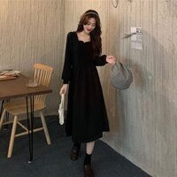 [HÀNG MỸ] Đầm midi xoè RACHEL ZOE vintage tay dài phồng cổ vuông nút giữa ngực dúng màu đen