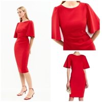 [HÀNG MỸ] Đầm midi ZARA WOMAN form bút chì cổ tròn tay ngắn loe dúng đỏ