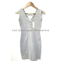 [HÀNG MỸ] Đầm ngắn FOREVER21 body ôm sát nách cổ V thun cotton gân dệt kim hở lưng cột dây xám nhạt
