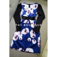 [HÀNG MỸ] Đầm ngắn FOREVER21 ôm body xanh dương cách điệu tay dài lưới đen thun co dãn in hoa