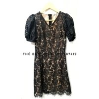 [HÀNG MỸ] Đầm ngắn RACHEL ZOE form A ren hoa đen tay ngắn phồng cổ V