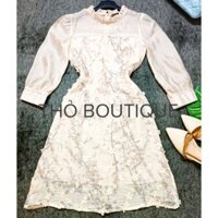 [HÀNG MỸ] Đầm xoè RACHEL ZOE voan tơ lụa hoa dập nổi 3D màu beige tay lỡ phồng cổ tròn viền bèo