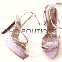 [HÀNG MỸ] Giày sandal cao gót NINE WEST da lộn nude dây mảnh chéo đính đá đế kép gót nhọn 13cm size 36 37 38 39