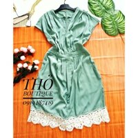 [HÀNG MỸ SĂN SALE] Đầm ADRIENNE VITTADINI form A suông tay hất cổ V xếp ly lụa satin xanh mint viền ren trắng có túi