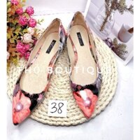 [HÀNG MỸ SĂN SALE] Giày bệt búp bê VIZ COLLECTION da bóng hoạ tiết hoa sơn dầu màu hồng gót bạc 1cm size 38