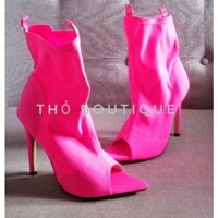 [HÀNG MỸ SĂN SALE] Giày bốt cao gót CRISTIAN SIRIANO vải thun co dãn mũi nhọn hở hồng sen mi nơ 11cm size 36-37