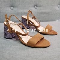 [HÀNG MỸ SĂN SALE] Giày sandal cao gót STARKELA da lộn nâu bò gót trụ tròn kim tuyến bạc 7cm size 36-37