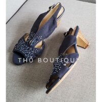 [HÀNG MỸ SĂN SALE] Giày sandal cao gót PITTI FEMININE quai chéo canvas xanh navy đính đá gót tam giác 6cm size 37-38